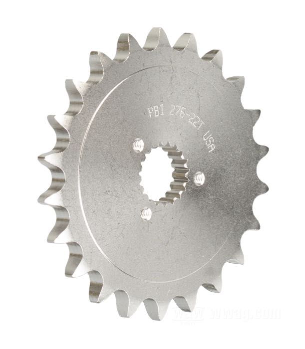 Getrieberitzel von PBI Sprockets; passend für Sportster late 1984-1990; Chrom-Molybdän-Stahl, vernickelt; Anzahl der Zähne: 22; Teilung: 530 (5/8” x 3/8”); USA; Bruttogewicht: 670 g