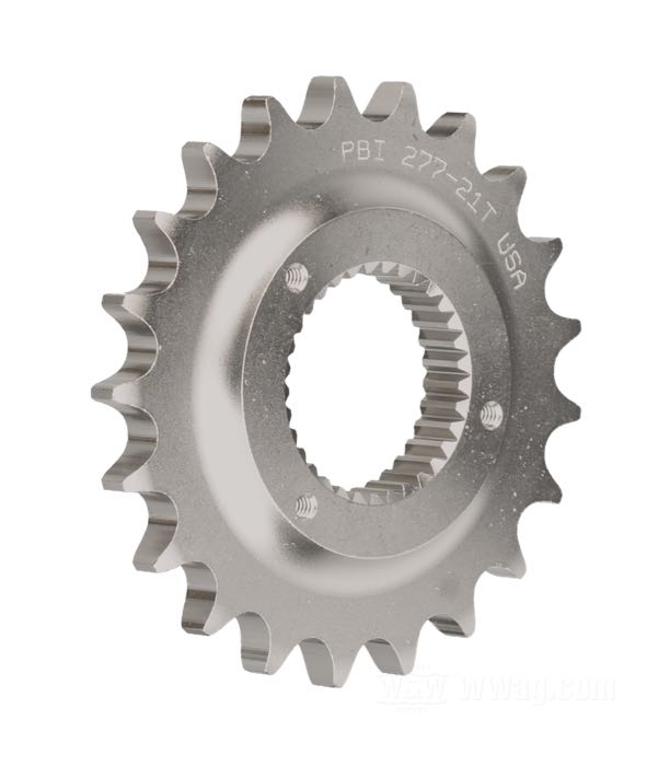 Pignon de transmission de PBI Sprockets; adaptable à Sportsters 1991 et 1992; acier chrome-molybdène, nickelé; nombre de dents: 21; pas des dents: 530 (5/8” x 3/8”); remplace OEM HD 37709-89; USA; poids brut: 585 g