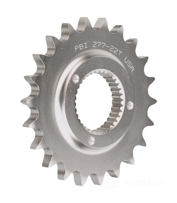 Pignon de transmission de PBI Sprockets; adaptable à Sportsters 1991 et 1992; acier chrome-molybdène, nickelé; nombre de dents: 22; pas des dents: 530 (5/8” x 3/8”); USA; poids brut: 639 g
