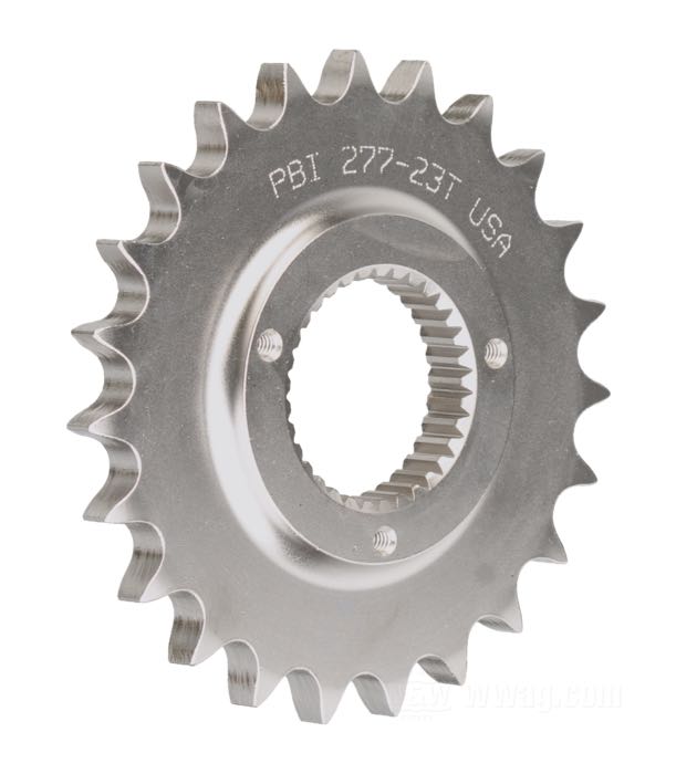 Pignon de transmission de PBI Sprockets; adaptable à Sportsters 1991 et 1992; acier chrome-molybdène, nickelé; nombre de dents: 23; pas des dents: 530 (5/8” x 3/8”); USA; poids brut: 705 g