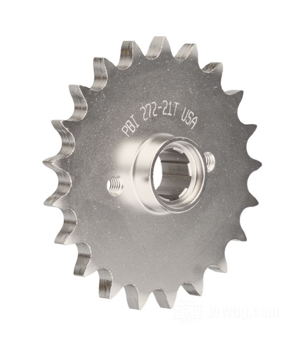 Pignon de transmission de PBI Sprockets; adaptable à modèle K et Sportsters 1954-début 1979; acier chrome-molybdène, nickelé; nombre de dents: 21; pas des dents: 530 (5/8” x 3/8”); remplace OEM HD 35205-52A; USA; poids brut: 678 g