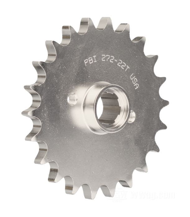 Getrieberitzel von PBI Sprockets; passend für Modell K und Sportster 1954-early 1979; Chrom-Molybdän-Stahl, vernickelt; Anzahl der Zähne: 22; Teilung: 530 (5/8” x 3/8”); USA; Bruttogewicht: 722 g