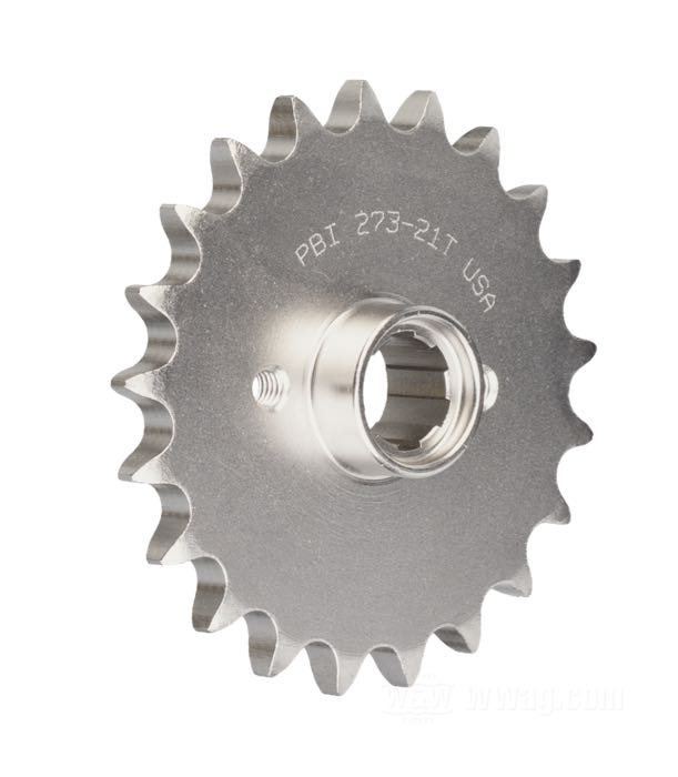Getrieberitzel von PBI Sprockets; passend für Sportster late 1979-early 1984; Chrom-Molybdän-Stahl, vernickelt; Anzahl der Zähne: 21; Teilung: 530 (5/8” x 3/8”); ersetzt OEM HD 35205-79A; USA; Bruttogewicht: 671 g
