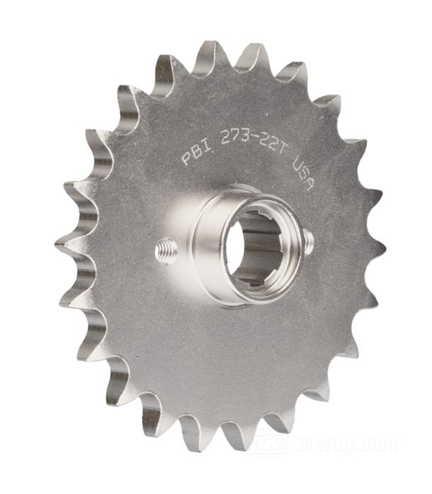 Getrieberitzel von PBI Sprockets; passend für Sportster late 1979-early 1984; Chrom-Molybdän-Stahl, vernickelt; Anzahl der Zähne: 22; Teilung: 530 (5/8” x 3/8”); USA; Bruttogewicht: 723 g