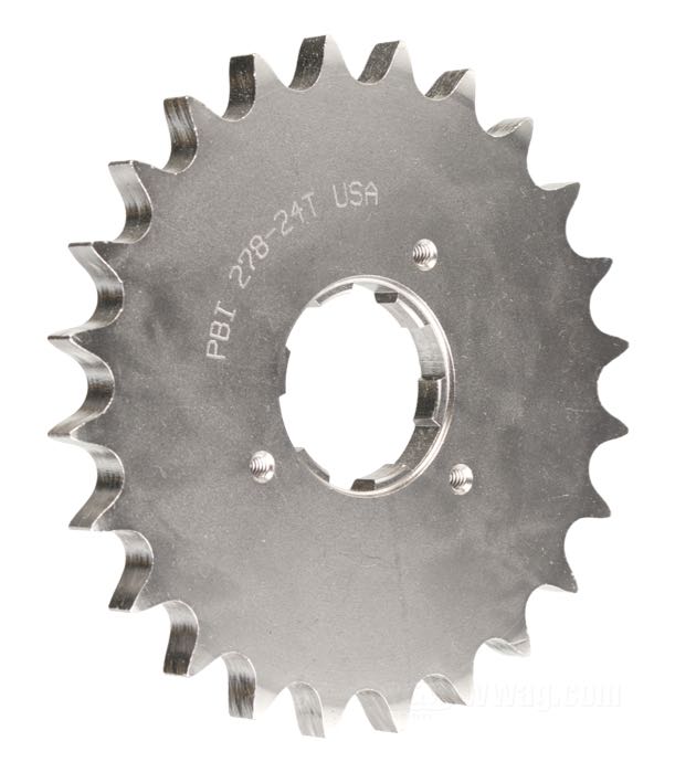 Getrieberitzel von PBI Sprockets; passend für 4 Gang Big Twins 1980-1985; Chrom-Molybdän-Stahl, vernickelt; Anzahl der Zähne: 24; Teilung: 530 (5/8” x 3/8”); USA; Bruttogewicht: 729 g