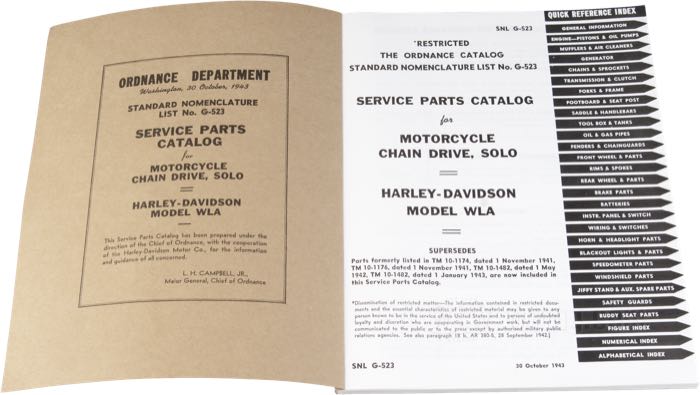 Catalogue de pièces détachées »4-Digit«; adaptable à WLA 1943 Army model; papier; largeur x hauteur: 22 x 28 cm; noir et blanc; 124 pages; anglais; poids brut: 410 g
