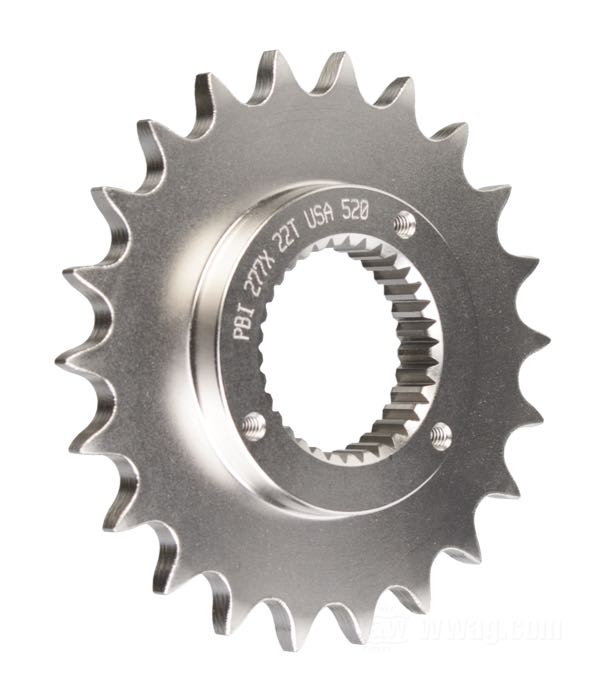 Transmission sprocket by PBI Sprockets; fits Sportsters 1991-2020; chromium-molybdenum steel, nickel-plated; number of teeth: 22; pitch: 520 (5/8” x 1/4”); USA; gross weight: 550 g