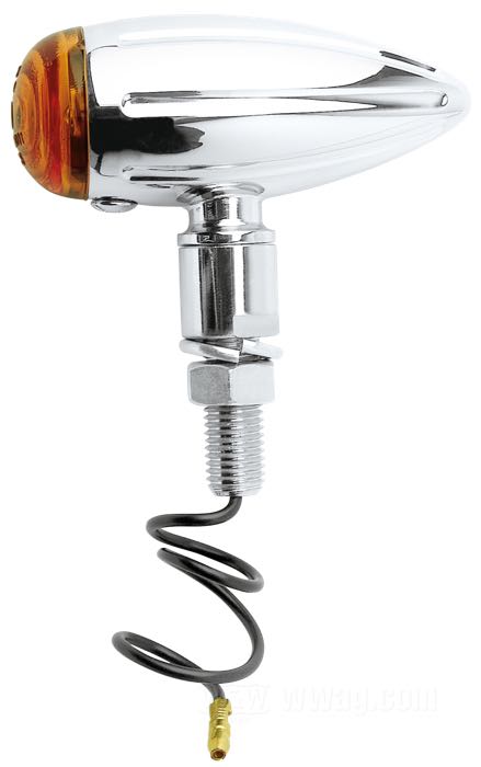 Intermitente »Micro Bullet«; aluminio, cromado, fresado; Ø 27 mm; tipo de bombilla: H21W; lente: ámbar; rosca: M10; casquillo: BAY9s; homologado E11; peso bruto: 130 g