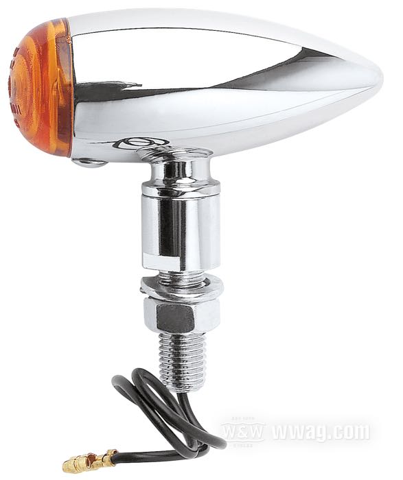 Clignotant »Micro Bullet«; aluminium, chromé; Ø 27 mm; type ampoule: H21W; cabochon: ambre; filetage: M10; culot: BAY9s; homologué E11; poids brut: 130 g
