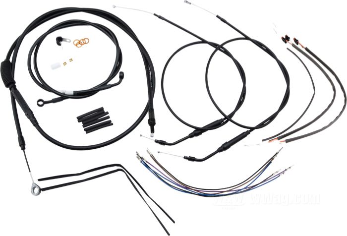 Kit di cavi e condotto freno di Burly Brand; atto per Sportster 2014-2020 (senza ABS); un solo disco; acciaio / vinile / rame / plastica, nero, satinato; altezza massima del manubrio: 30 cm; cavo frizione (cavo interno): 178 cm; cavo accel./chius. (cavo interno): 115 cm; condotto freno (centro banjo → centro banjo): 124 cm; cabblaggi: 33.5 cm; con istruzioni; senza marchio omologazione; peso lordo: 1.27 kg
