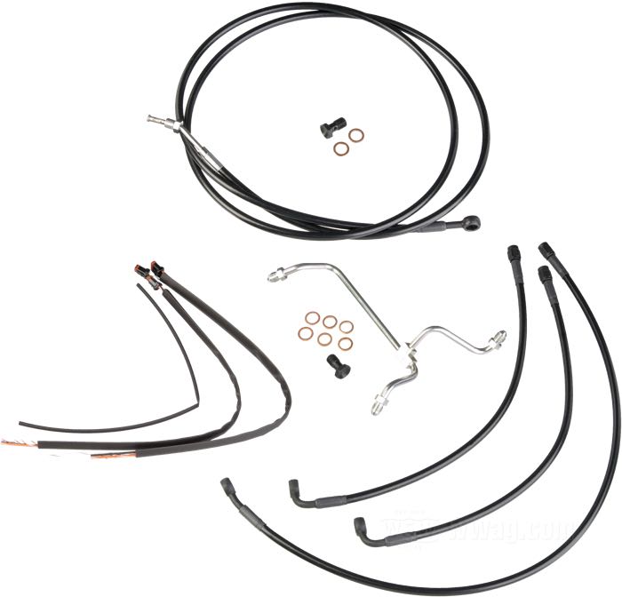 Kit di cavi e condotto freno di Burly Brand; atto per FLHT/C/U, FLHX 2014→ (senza ABS); acciaio / vinile / rame / plastica, nero, satinato; altezza massima del manubrio: 33 cm; condotto freno (centro banjo → centro banjo): 50 cm / 50 cm / 70 cm; cabblaggi: 42 cm; con istruzioni; senza marchio omologazione; peso lordo: 920 g