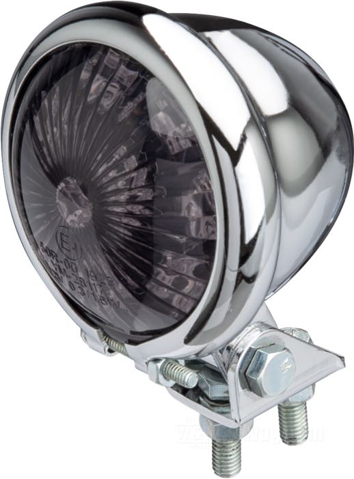 Rücklicht »Bates Style«; Stahl, verchromt, mit rauchfarbener Linse; Ø 58 mm; Glühlampen-Typ: LED; 12 V; mit LED Leuchtmittel; mit verstellbarem Halter; mit Bremslicht; ohne Kennzeichenbeleuchtung; Montagefläche: plan; E4 geprüft; Bruttogewicht: 140 g