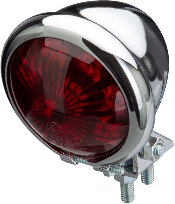 Rücklicht »Bates Style«; Stahl, verchromt, mit roter Linse; Ø 58 mm; Glühlampen-Typ: LED; 12 V; mit LED Leuchtmittel; mit verstellbarem Halter; mit Bremslicht; ohne Kennzeichenbeleuchtung; Montagefläche: plan; E4 geprüft; Bruttogewicht: 140 g