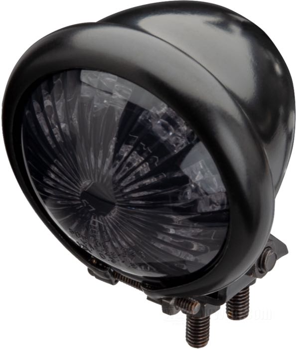Rücklicht »Bates Style«; Stahl, schwarz, mit rauchfarbener Linse; Ø 58 mm; Glühlampen-Typ: LED; 12 V; mit LED Leuchtmittel; mit verstellbarem Halter; mit Bremslicht; ohne Kennzeichenbeleuchtung; Montagefläche: plan; E4 geprüft; Bruttogewicht: 160 g