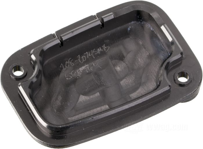 Cover »Nostalgia« by Roland Sands Design; for Brake master cylinder; fits Touring 2008→, V-Rod 2006-2017; billet aluminum, black OPS; USA; gross weight: 52 g