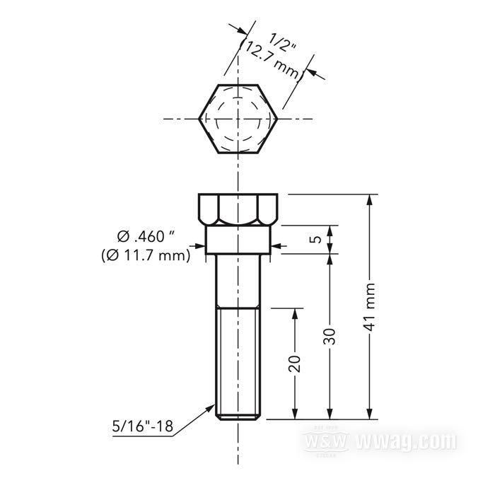 Vis de Bates; pour riser clamps; acier, chromé; filetage: 5/16”-18; longueur: 30 mm; Allemagne; poids brut: 19 g