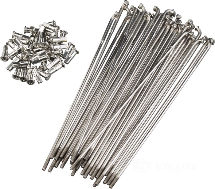 Set di raggi; acciaio inox, lucidato; lunghezza L1: 234 mm; diametro D1: 5 mm; diametro D2: 4 mm; angolo α: 104 °; filettatura: M4.5; per mozzo largo; per cerchi Morad 21