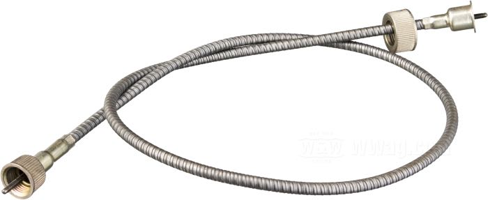 Speedometer cable; for Transmission drive; for Fat Bob speedos 1962→; fits FL 1937-1980, FXWG 1980-1983, FX 1971-1972; steel, zinc plated; Ø 6.5 mm; length outer spiral: 89 cm; drive connection: nut 7/8”-18; instrument connection: nut 5/8”-18; replaces OEM HD 67026-62, and 67038-84; gross weight: 186 g