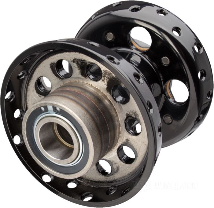 Wheel hub »Stepped Star« by Samwel Supplies; fits W(L) 1937-1952 rear, E(L)/F(LH) 1936-1966, U(LH) 1937-1948; steel, black, with cad-plated star (ZnNi process); replaces OEM HD 43540-36A; Europe; gross weight: 2.34 kg