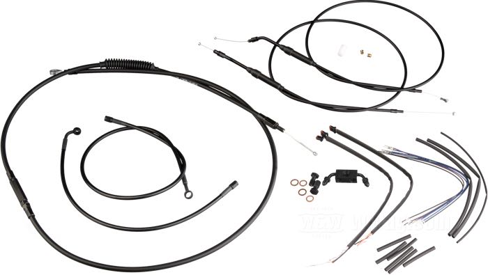 Kit di cavi e condotto freno di Burly Brand; atto per Dyna FXD/B/C/L/WG/ 2012-2014 (con ABS); un solo disco; acciaio / vinile / rame / plastica, nero, satinato; altezza massima del manubrio: 35 cm; cavo frizione (cavo interno): 202 cm; cavo accel./chius. (cavo interno): 119 cm; condotto freno (centro banjo → centro banjo): 82.5 cm / 53 cm; cabblaggi: 38.5 cm; con istruzioni; senza marchio omologazione; peso lordo: 1.49 kg