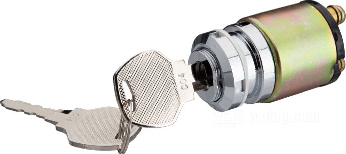 Blocchetto accensione ; atto per FX 1978-1985, FXR 1982-1993, Sportster 1978-1993; acciaio; lunghezza: 49 mm; Ø 31 mm; filettatura: M18.5 x 1.0; con due chiavi; rimpiazza OEM HD 71425-77; peso lordo: 140 g
