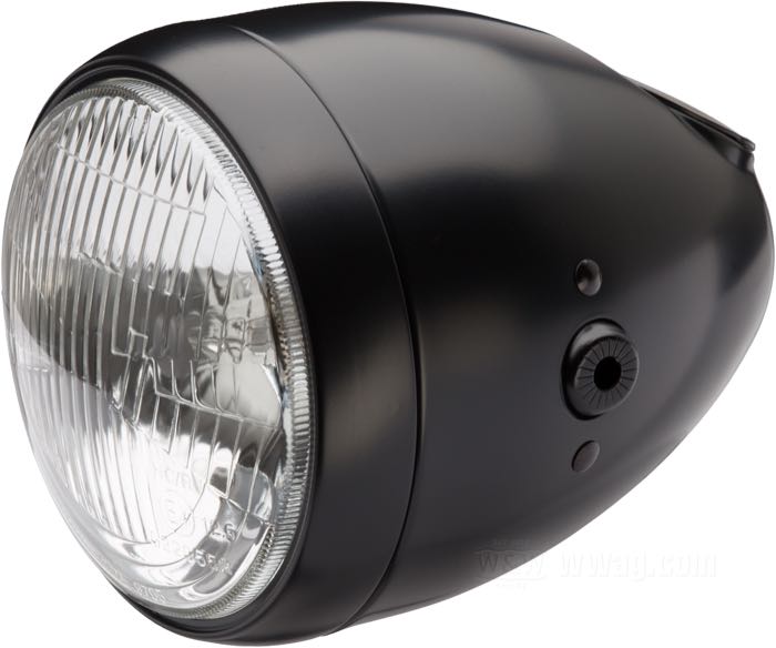 Headlight complete »Vintage« by Daytona; steel, black, electro-deposited, with black bezel; depth: 180 mm; Ø 155 mm; for headlight insert (Ø): 5-3/4”; bulb type: H4 / W5W; 12 V; 60/55 W + 4 W; socket: P43t / W2.1x9.5d; with 12 V bulb; with insert; with position light function; E4 approved; gross weight: 1.11 kg