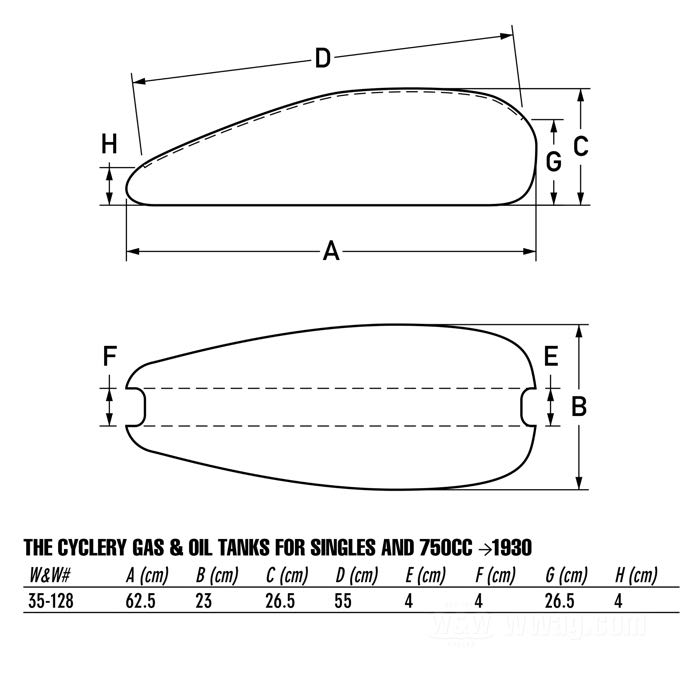 Gas and oil tanks by The Cyclery; fits 21” Singles 1926-1930, 45” V-Twins early 1929; sheet steel; volume: 11 l; required gas cap: screw-in 1.5”-24; required petcock: 1/8” NPT; replaces OEM HD 3501-26, and 3502-26; gross weight: 14.5 kg