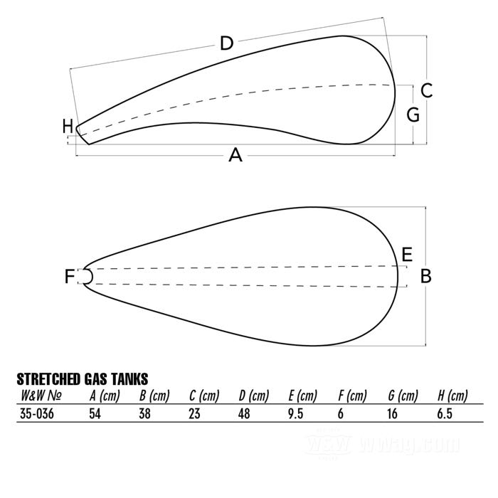 Serbatoio di benzina »Stretched«; atto per Sportster 1982-2003; acciaio; volume: 14 l; tappo necessario: screw-in 1983→ / 1 x ventilato; rubinetto necessario: M22 x 1; peso lordo: 8.34 kg