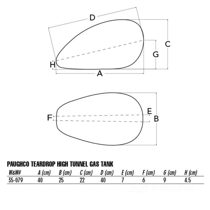 Benzintank »Teardrop Low Tunnel« von Paughco; Stahl, blank; Volumen: 8.4 l; erforderliche(r) Tankdeckel: Bajonettverschluss 1955-1982; erforderlicher Benzinhahn: 2 x 1/4” NPT; USA; Bruttogewicht: 3.5 kg