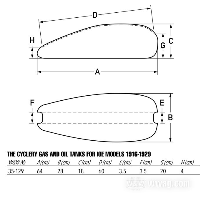 Benzin- und Öltanks von The Cyclery; passend für F und J Modelle 1925-1929; Stahlblech; Volumen: 14 l; erforderliche(r) Tankdeckel: Schraubgewinde 1.5”-24; erforderlicher Benzinhahn: 1/8” NPT; ersetzt OEM HD 3501-25 und 3502-25; Bruttogewicht: 14 kg