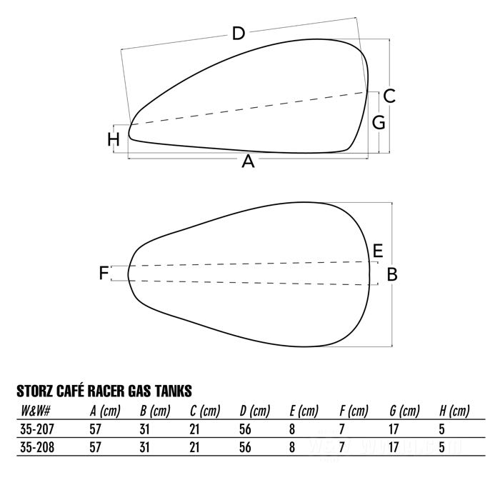 Serbatoio di benzina »Café Racer« di Storz; atto per Evo Sportster 2004-2006; alluminio, naturale; volume: 10.2 l; con tappo: Quick-Cam; rubinetto necessario: 3/8” NPT; rubinetto necessario: 3/8” NPT; U.S.A.; peso lordo: 4.62 kg