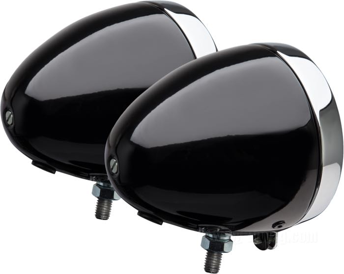 Doble faro »Bullet« de The Cyclery; para modelos 1929-1930; acero, negro; fondo: 120 mm; Ø 114 mm; para óptica (Ø): 4”; tipo de bombilla: S2; 6 V; 25/25 W; casquillo: BA20d; con bombilla 6 V; con óptica; sin bloque de montaje; sin función de luz de posición; Europa; peso bruto: 1.2 kg