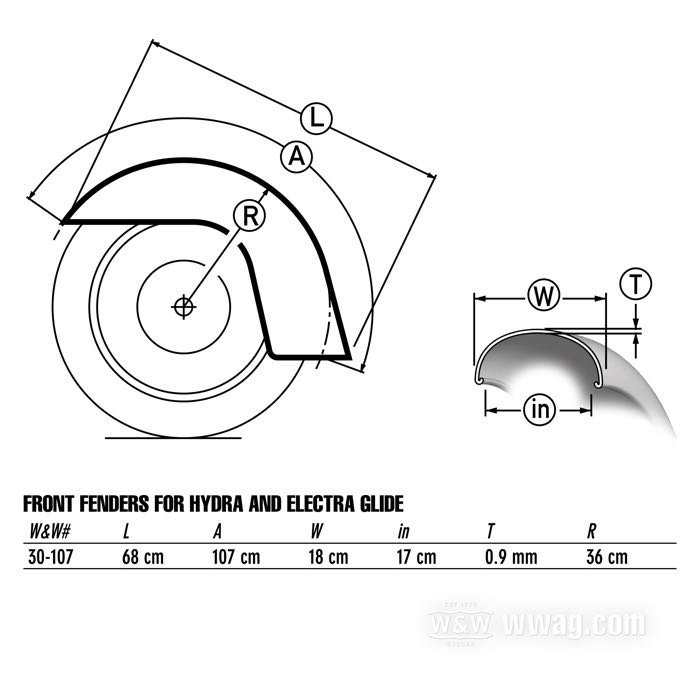 Front fender »FL Style«; fits Hydra Glide and Electra Glide 1949-1984, FLT, FLHT, FLHS, FLHR 1980-2011; steel, bare; replaces OEM HD 59000-48, 59000-58F, and 59101-79; gross weight: 3.56 kg