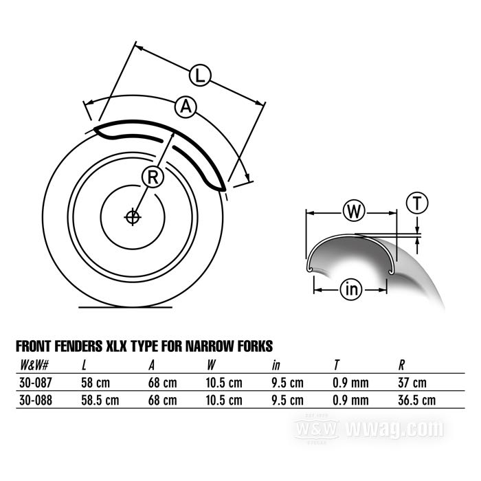 Parafango anteriore; atto per XLX 1983-1985, XLH 883 1986 e 1988-1990, XLH 1100 1987, ; acciaio, naturale; per pneumatico: 18”, 19 ”; con supporti cromati; rimpiazza OEM HD 59031-83; peso lordo: 1.14 kg