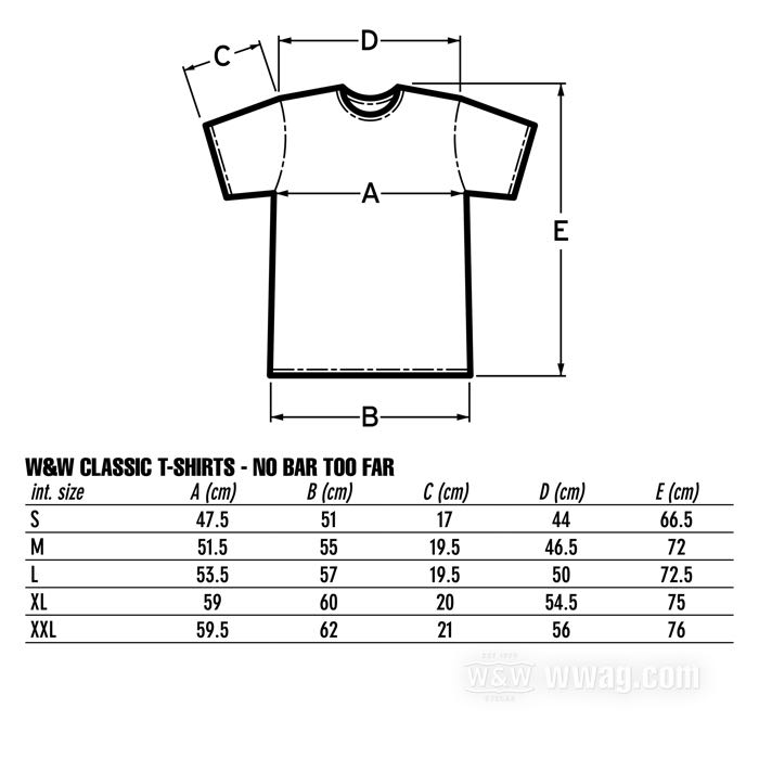 Camiseta »NO BAR TOO FAR« de W&W Cycles; algodón orgánico 180 g/m², negro; tamaño: S; hombres; manga corta; peso bruto: 165 g