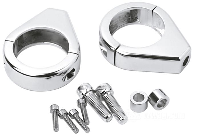 Montageklemme; für Blinker / Gabelstandrohre; Billet-Aluminium, verchromt; Höhe: 19 mm; Ø 41 mm; mit Halteschrauben 5/16”-24 x 1”, Klemmschrauben 8-32 x 5/8”; Bruttogewicht: 340 g