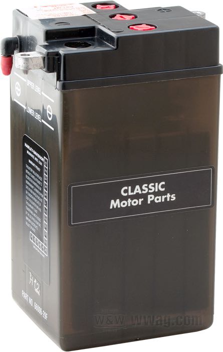 Battery »OEM«; fits singles 1929-1936, 45” 1929-1963, OHV Big Twin 1936-1964, SV Big Twin 1937-1948; W x H x D: 115 x 215 x 100 mm; 6 V; 22 Ah; pole connections: M6 (screws included); replaces OEM HD 4304-29, and 66006-29F; Taiwan; gross weight: 3.4 kg