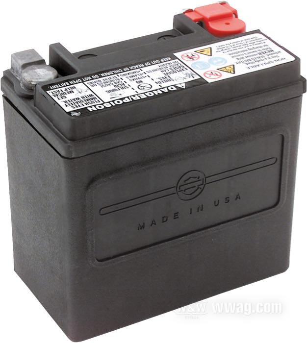 Batterie; adaptable à V-Rod →2006, VRSCR →2007, Buell XB1R 2003; L x H x P: 150 x 145 x 87 mm; 12 V; 12 Ah; courant de démarrage à froid (SAE): 225 A; bornes: M6 (vis comprises); remplace OEM HD 65948-00 et 66000206; USA; poids brut: 5.41 kg