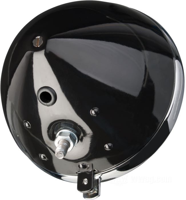 Faro completo »Motolamp« di The Cyclery; atto per modelli 1931-1934; acciaio, nero; profondità: 130 mm; Ø 184 mm; per parabola (Ø): 170 mm; tipo di lampadina: S2 / T4W; 6 V; 25/25 W; basetta: BA20d / BA9s; con lampadina 6 V; con inserto faro; senza blocchetto di montaggio; con dispositivo luce di posizione; rimpiazza OEM HD 4901-31; Europa; peso lordo: 1.17 kg