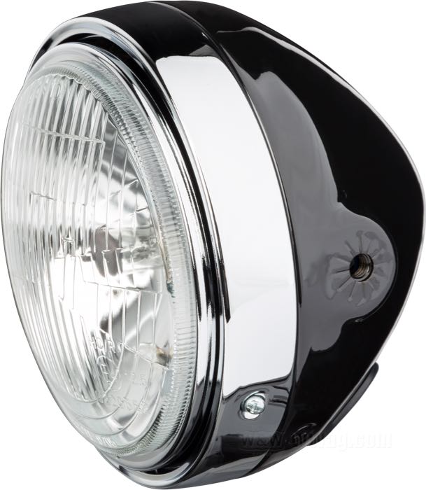 Headlight complete »Scrambler« by LSL; steel, black, with chrome bezel; depth: 125 mm; Ø 165 mm; for headlight insert (Ø): 5-3/4”; bulb type: H4 / W5W; 12 V; 60/55 W; socket: P43t / W2.1x9.5d; with 12 V bulb; with insert; with position light function; E4 approved; gross weight: 938 g