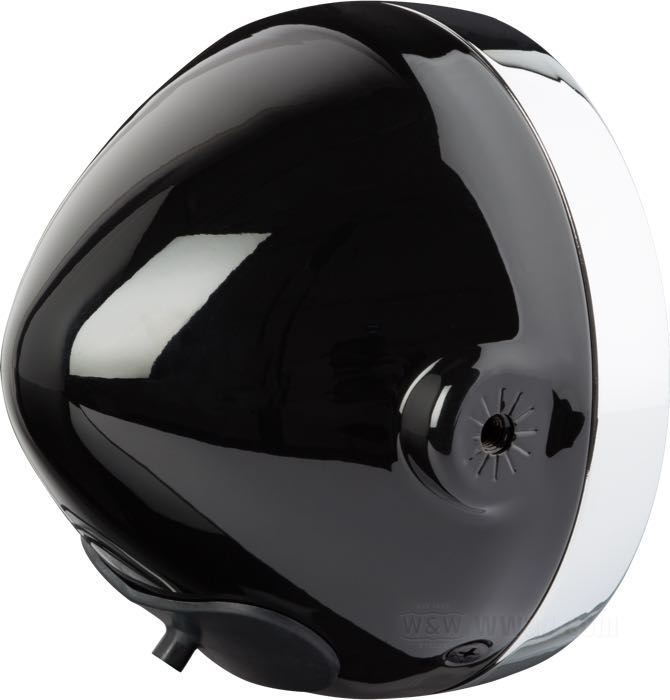 Headlight complete »Scrambler« by LSL; steel, black, with chrome bezel; depth: 125 mm; Ø 165 mm; for headlight insert (Ø): 5-3/4”; bulb type: H4 / W5W; 12 V; 60/55 W; socket: P43t / W2.1x9.5d; with 12 V bulb; with insert; with position light function; E4 approved; gross weight: 938 g
