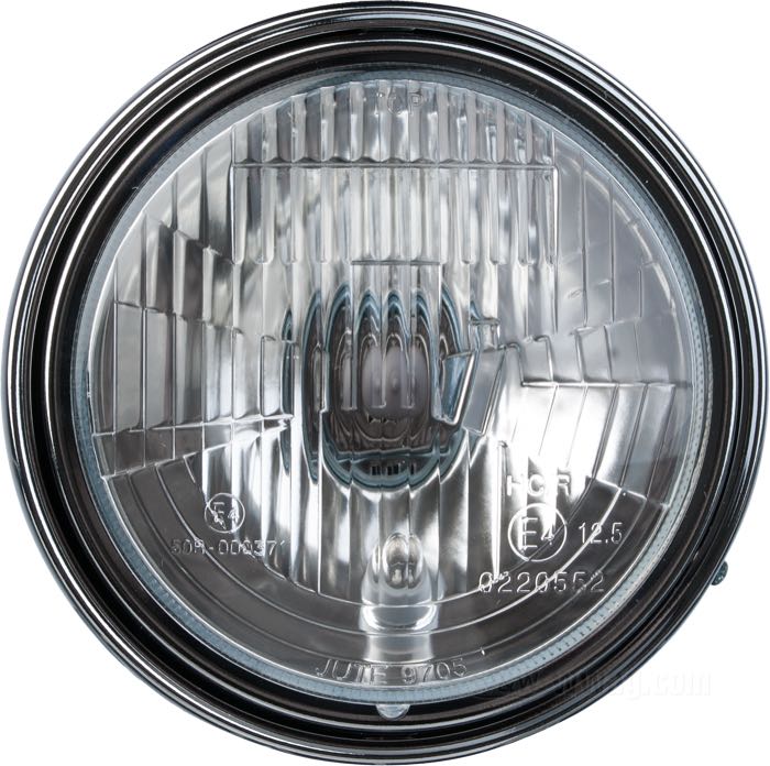 Headlight complete »Scrambler« by LSL; steel, black, with chrome bezel; depth: 125 mm; Ø 165 mm; for headlight insert (Ø): 5-3/4”; bulb type: H4 / W5W; 12 V; 60/55 W; socket: P43t / W2.1x9.5d; with 12 V bulb; with insert; with position light function; E4 approved; gross weight: 938 g