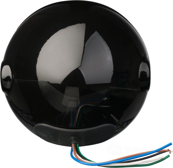 Headlight complete »Scrambler« by LSL; steel, black, with chrome bezel; depth: 125 mm; Ø 165 mm; for headlight insert (Ø): 5-3/4”; bulb type: H4 / W5W; 12 V; 60/55 W; socket: P43t / W2.1x9.5d; with 12 V bulb; with insert; with position light function; E4 approved; gross weight: 938 g