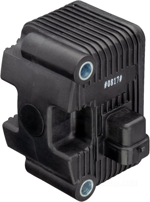 Ignition coil by S&S; fits Softail 2000-2006, Dyna 1999-2005, FLT 2002-2006, Sportster 2004-2006; with carburetor; black; use with 12 V; primary resistance: 2 x 0.8  Ω; single fire - single plug; high tens. tower(s): two; replaces OEM HD 31655-99; gross weight: 700 g