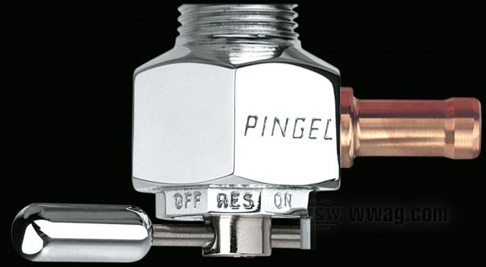 Benzinhahn »Classic« von Pingel; Aluminium, poliert; Auslass-Stellung: 90°; benötigte Benzinleitung: 5/16”; Gewinde: M22 x 1; USA; Bruttogewicht: 167 g
