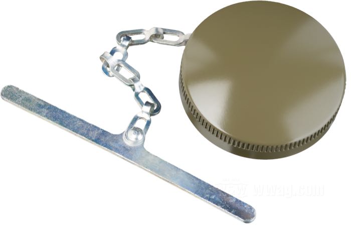 Tapón de depósito »Eaton Military« de Samwel Supplies; apropiado para WLA 1940-1942, WLC 1942-1943; acero, verde oliva, barnizado, estampado Eaton, altura reborde 13 mm, altura moleteado 6 mm; Ø 65.5 mm; sin ventilación; con junta de corcho; con cadena; reemplaza OEM HD 3507-41B; peso bruto: 106 g