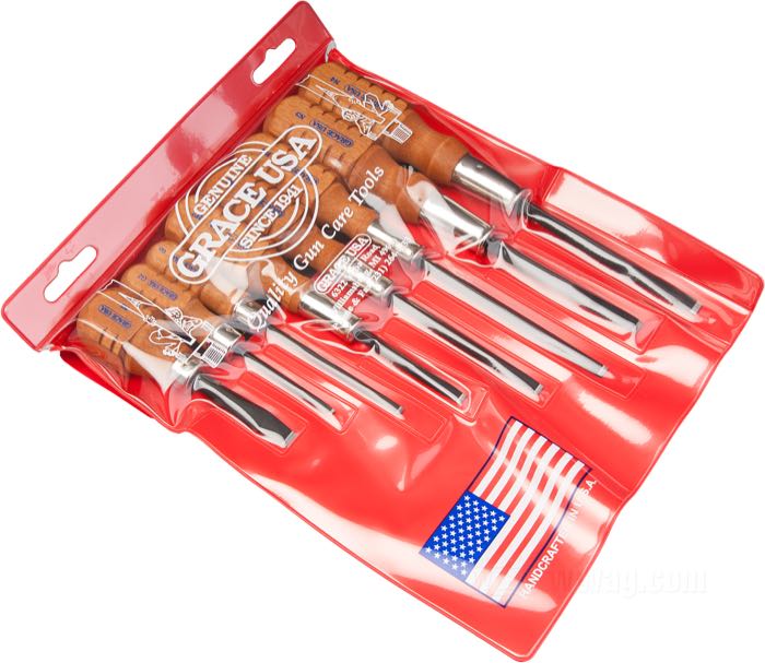 Juego de destornilladores  »Original Gun Care« de Grace USA; acero cromo-vanadium / madera dura, pavonado; de 8 piezas; con estuche de vinilo; EE. UU.; peso bruto: 437 g