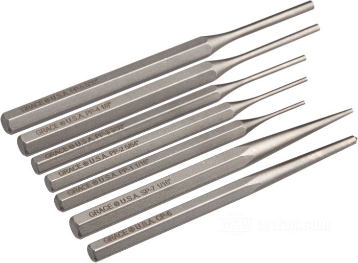 Set di punzoni di Grace USA; acciaio cromo-molibdeno, parkerizzato; 7 pezzi; con astuccio vinile; U.S.A.; peso lordo: 265 g