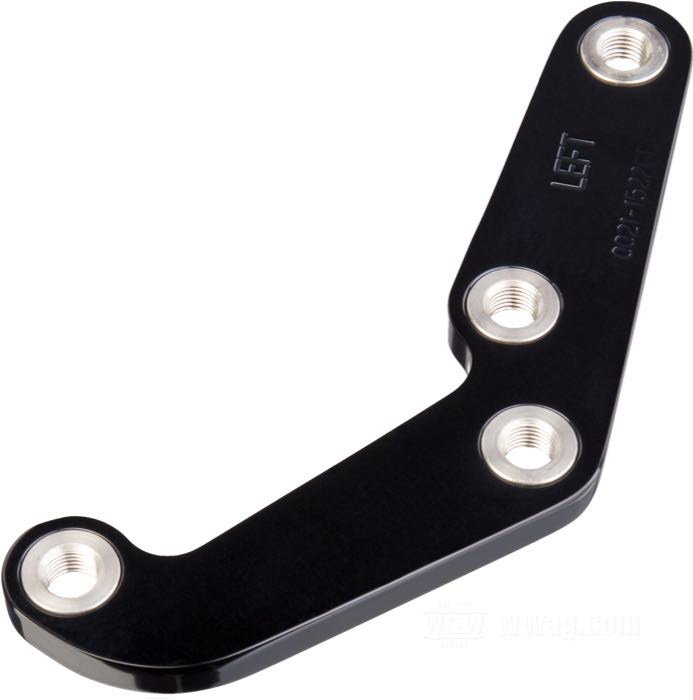 Caliper bracket by Performance Machine; for Caliper 125x4R and SL; fits Sportster, FXR, Softail, Dyna 1984-1999; aluminum, black anodized; position: front left; for brake disc: 11.5 ”; with small parts; USA; gross weight: 300 g