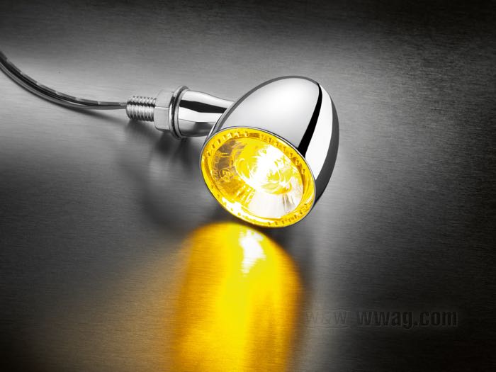 Blinker (einzeln) »Bullet 1000 Extreme« von Kellermann; Aluminium / Acrylglas, verchromt; Tiefe: 50 mm; Ø 39 mm; Glühlampen-Typ: LED; Gewinde: M8; 12 V; 3 W; Montageposition: vorne und hinten; E13 geprüft; Deutschland; Bruttogewicht: 182 g